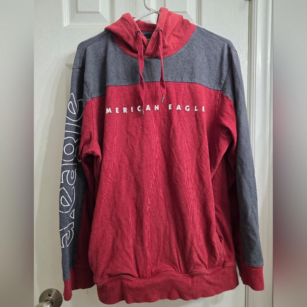 American Eagle Colorblock Hoodie Burgundy & Grey - Menโs Large